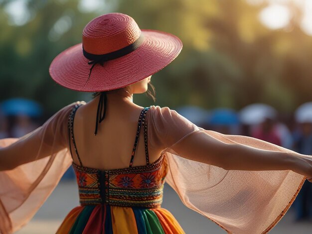 Photo a woman in a pink hat with a pink dress and a black ribbon