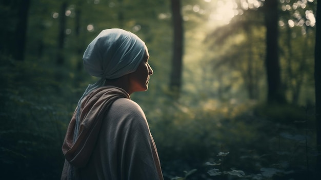 A woman in a pink head scarf stands in a forest looking at the sun