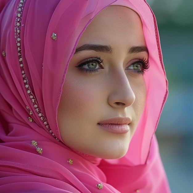a woman in a pink head scarf with a flower on it
