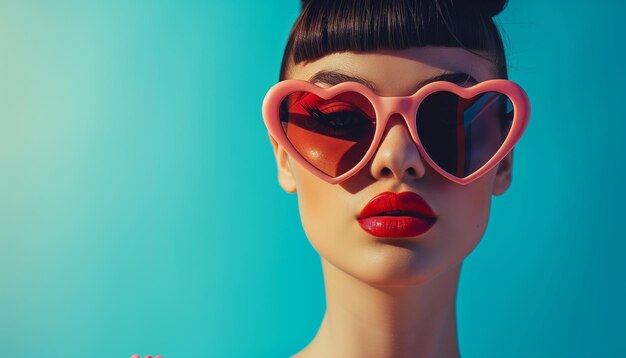 파란색 배경에 분홍색 심장 모양의 선글라스를 입은 여성