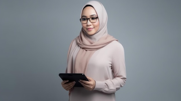 A woman in a pink hijab holds a tablet in her hands.