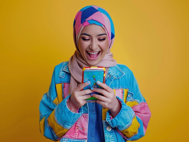 a woman in a pink hijab is texting on a phone