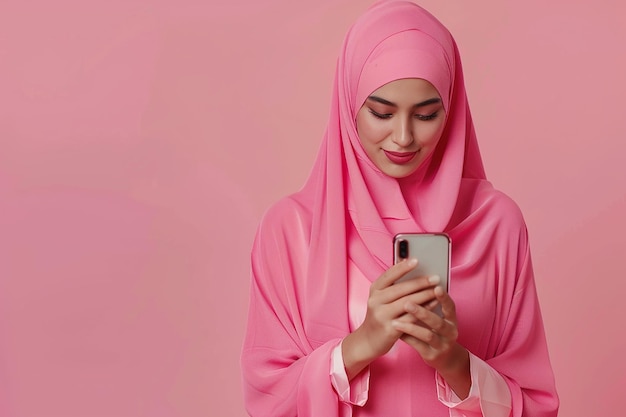 a woman in a pink hijab is texting on a phone