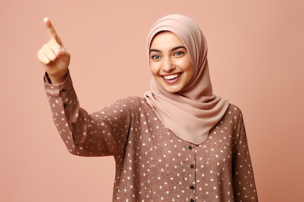 A woman in a pink hijab points to the sky