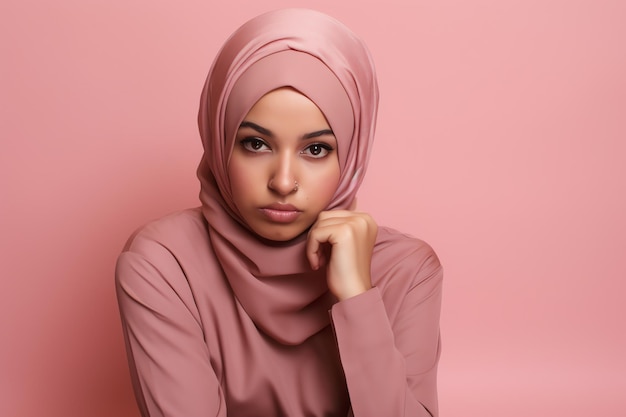 A woman in a pink hijab with a pink background