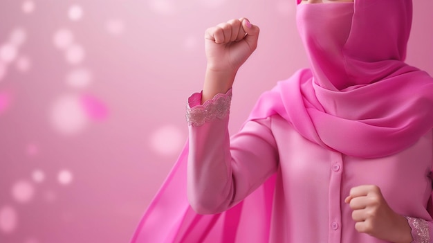 a woman in a pink hijab with the word on the background