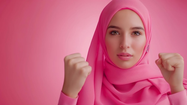 Photo a woman in a pink hijab with the word on the background