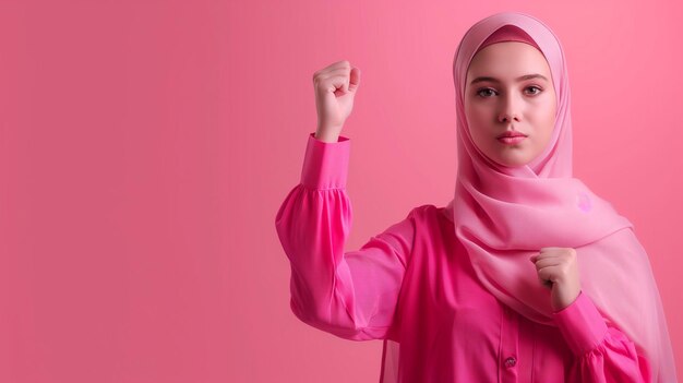 Photo a woman in a pink hijab with the word on the background