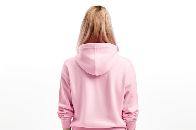 Woman In Pink Hoodie On White Background Back View Mockup