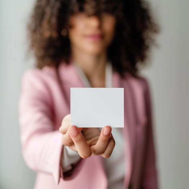 Photo a woman in a pink jacket holding a white card