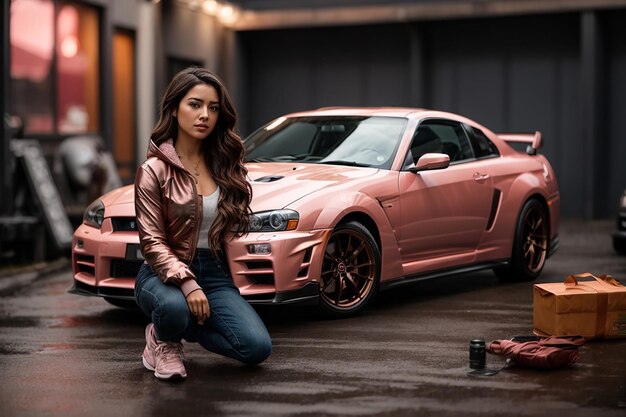 Photo a woman in a pink jacket and jeans stands in front of a car