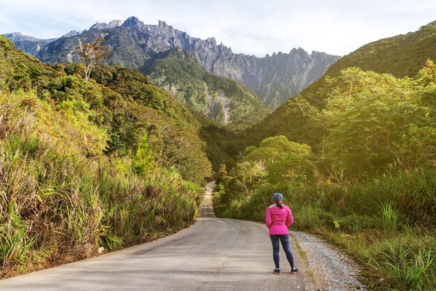 Kundasang Sabah Borneo Malaysia의 키나발루 산의 전망을 바라보는 분홍색 재킷을 입은 여성