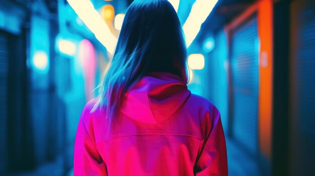 A woman in a pink jacket strolling down an alley exuding confidence and grace in her fashionable attire