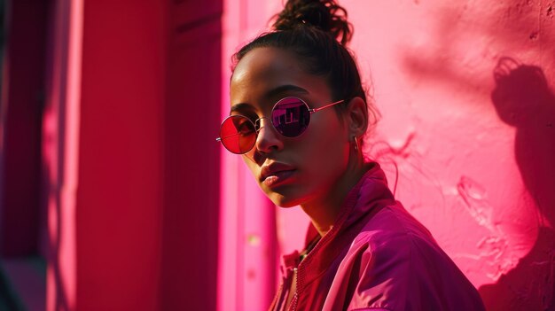 woman in a pink jacket and sunglasses and pink background