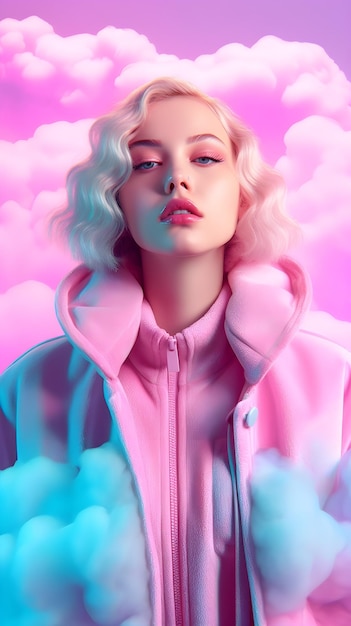 A woman in a pink jacket with a pink jacket and blue eyes.