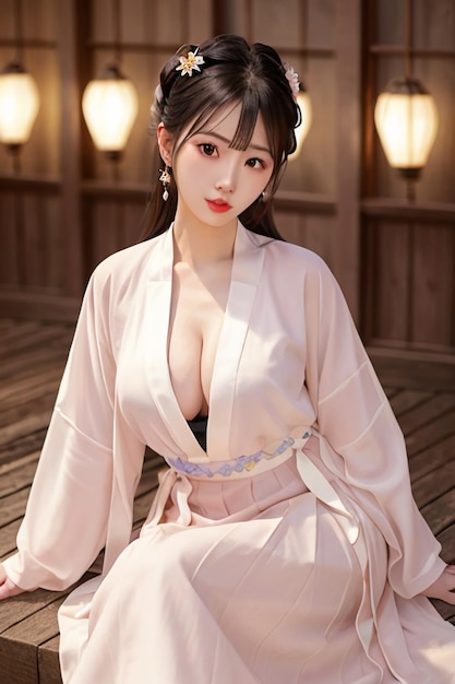 분홍색 기모노를 입은 여성이 나무 데크에 앉아 있습니다.