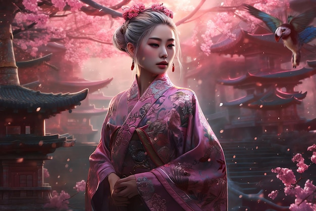 Женщина в розовом кимоно стоит перед розовым фоном с розовыми цветами.