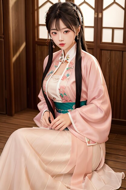 A woman in a pink kimono with the word hanfu on the front