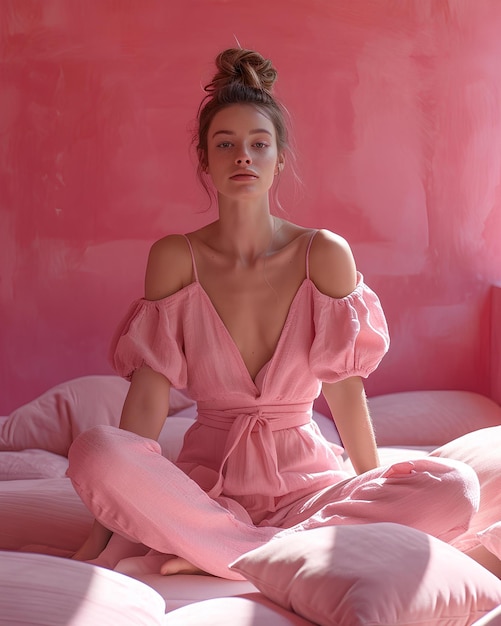 A woman in a pink long maxi dress sitting on a pink bed