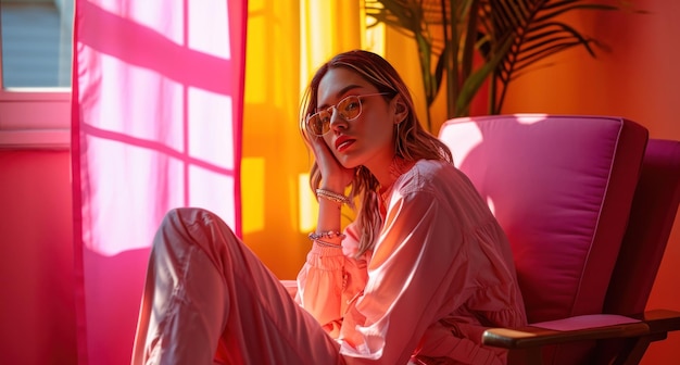 a woman in pink and orange sitting in a pink chair