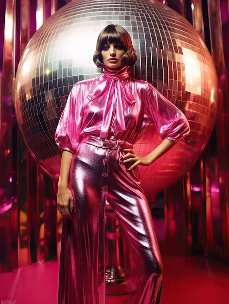 A woman in a pink outfit disco ball pink party retro modern celebration mood