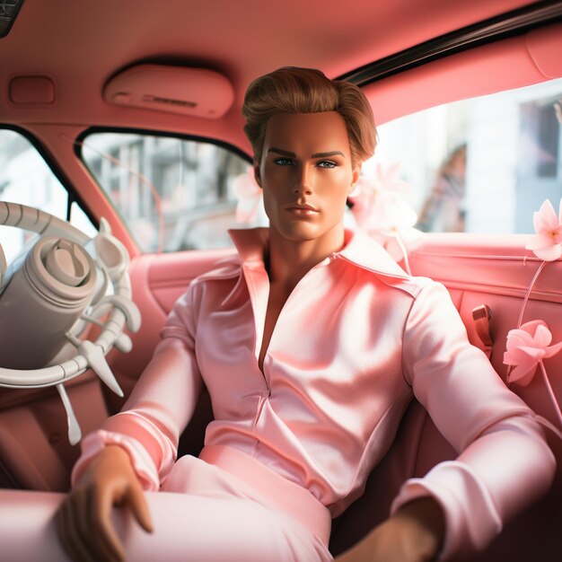 Photo a woman in a pink outfit sits in a car.