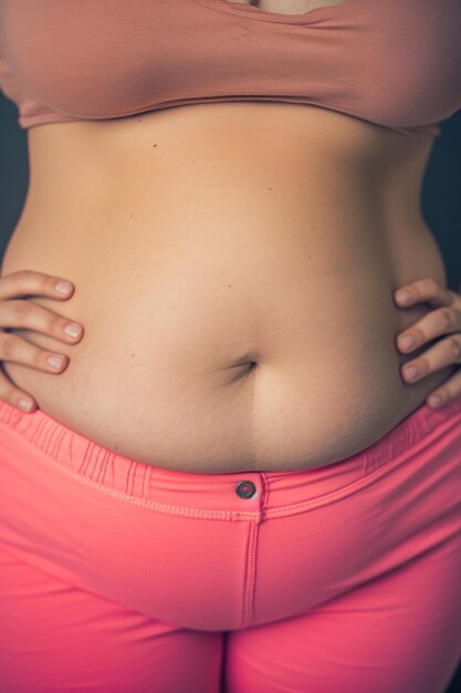 A woman in pink pants and a belly with her hands on the sides ai