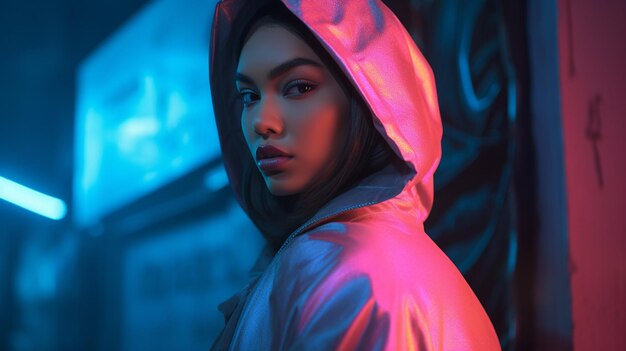 A woman in a pink raincoat stands in front of a neon sign that says'neon '