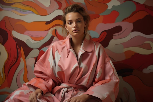 A woman in a pink robe sits peacefully on a bed