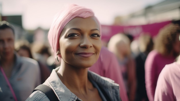 A woman in a pink scarf smiles at the camera.