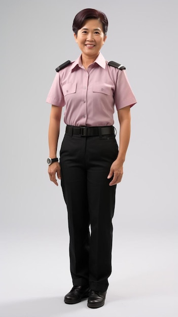 a woman in a pink shirt and black pants