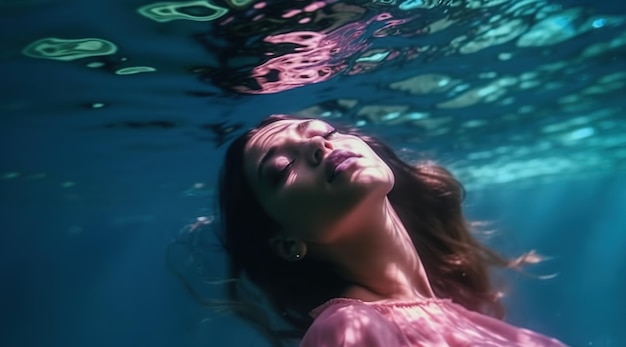 A woman in a pink shirt floats under water.