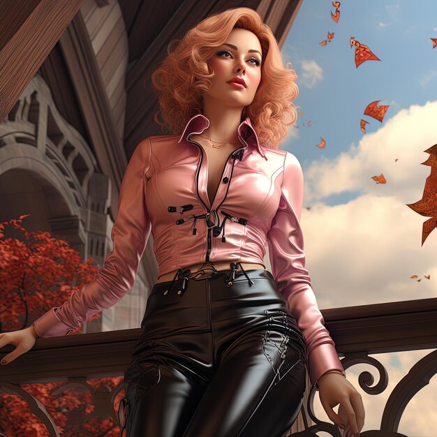 a woman in a pink shirt is sitting on a balcony with butterflies flying around her