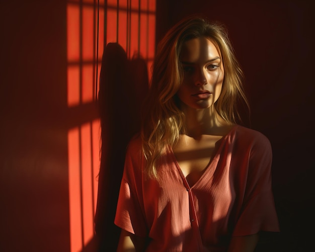 a woman in a pink shirt is sitting in front of a red wall