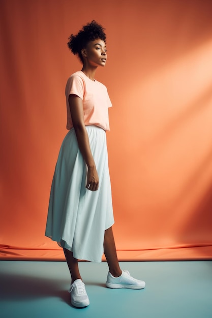 A woman in a pink shirt and a light blue skirt stands in front of a orange backdrop.