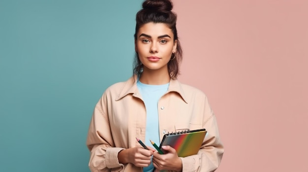 A woman in a pink shirt and orange pants holds a clipboard and looks at the camera