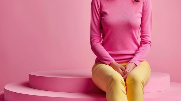 a woman in a pink shirt sits on a pink bathtub