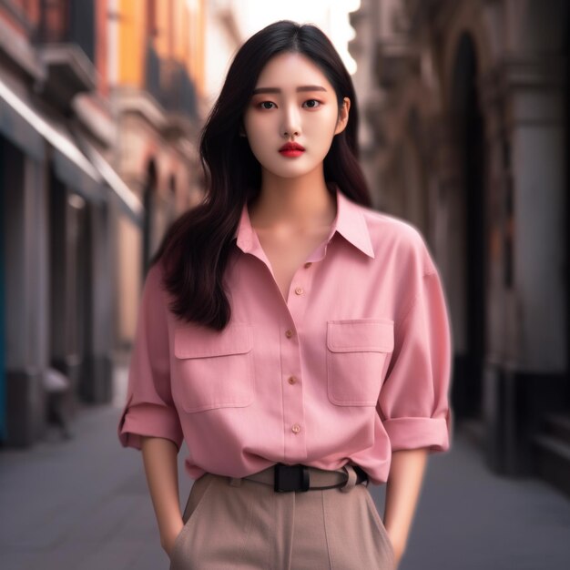 A woman in a pink shirt stands on a sidewalk in front of a building