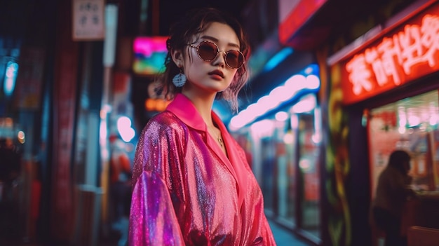 A woman in a pink shirt and sunglasses stands in a street in front of a neon sign that says'i love you '