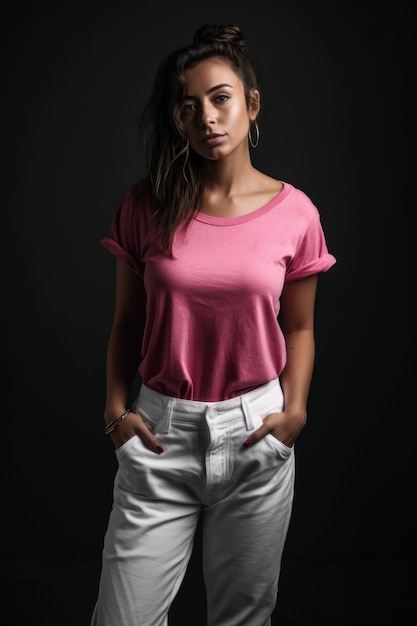 A woman in a pink shirt and white pants stands in front of a black background.