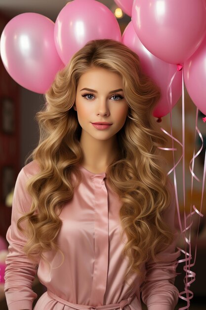 A woman in a pink silk dress on the background of balloons Barbie style party Generative AI