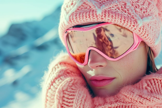 Foto donna in abiti da sci rosa con occhiali riflettenti in montagne innevate