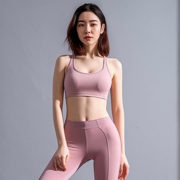 a woman in a pink sports bra is posing for a photo.