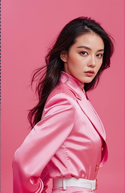 Photo a woman in a pink suit and pose on an isolated pink color background