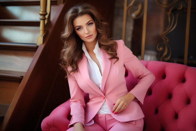 Photo a woman in a pink suit sitting on a pink chair