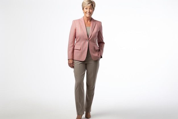 a woman in a pink suit stands in front of a white background