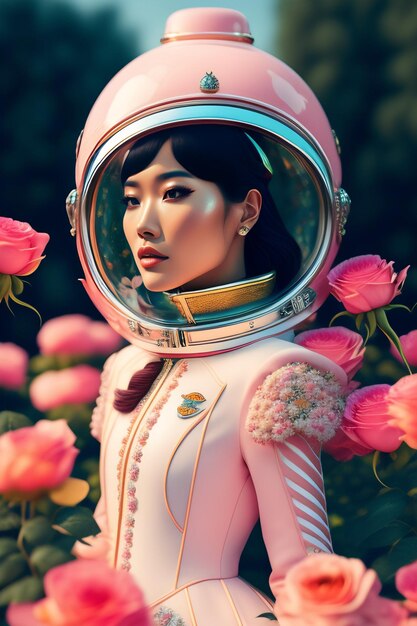 A woman in a pink suit with a pink helmet and flowers in the background.