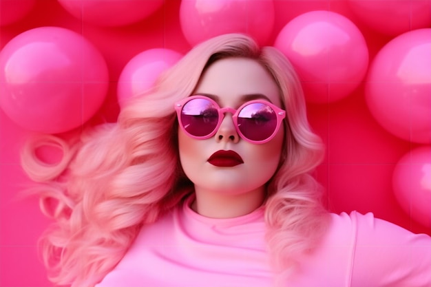 A woman in pink sunglasses is laying on a pink background with pink balls.