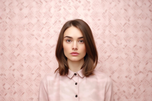 A woman in a pink sweater stands in front of a pink backdrop