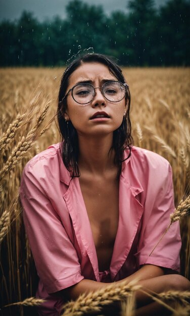 a woman in a pink swimsuit stands in a wheat field